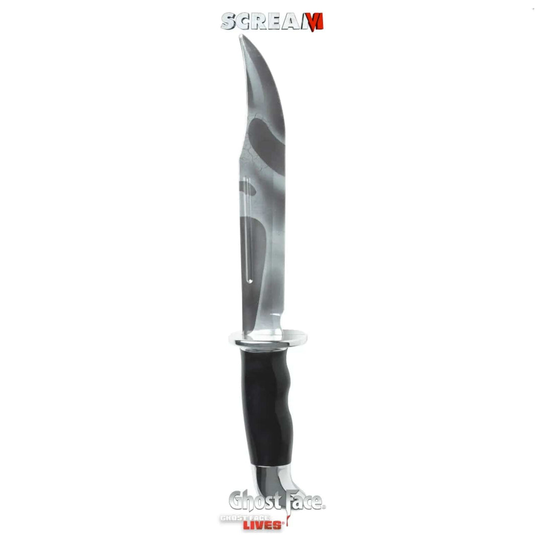 Silver and black fake knife with reflection of Ghost Face in the pretend knofe