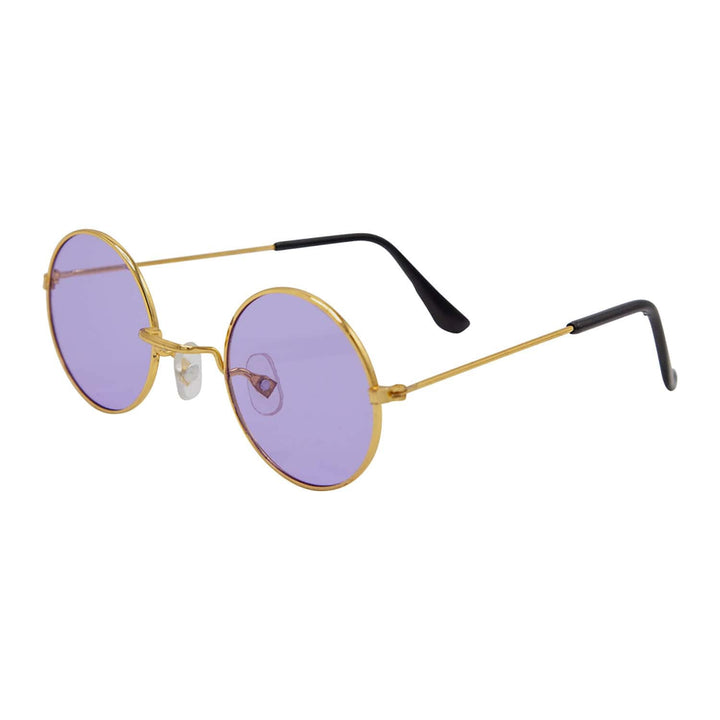 Round glasses with gold frame and purple lenses on a white background
