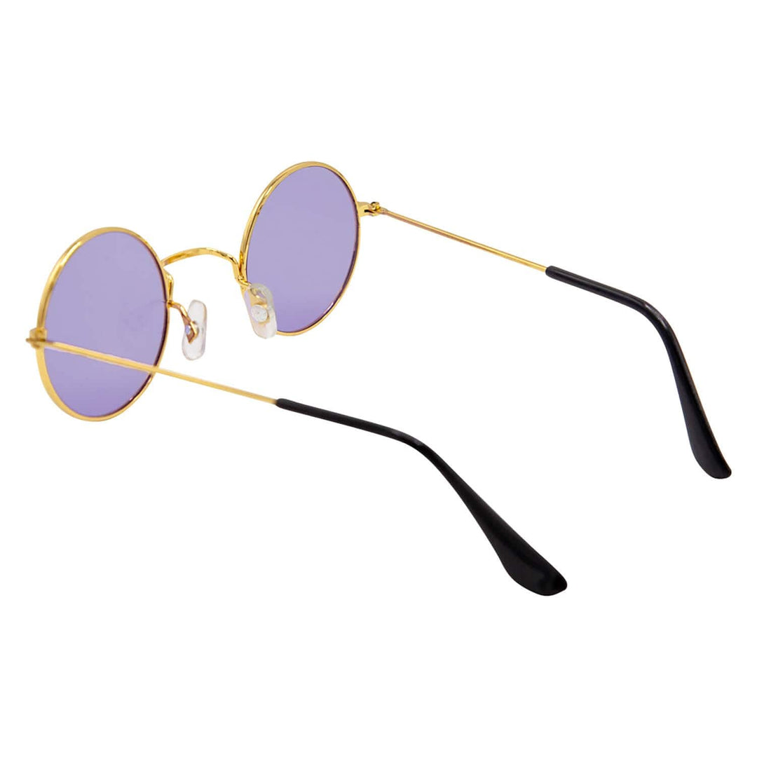 Round purple tinted glasses with gold frame and black arms on a white background