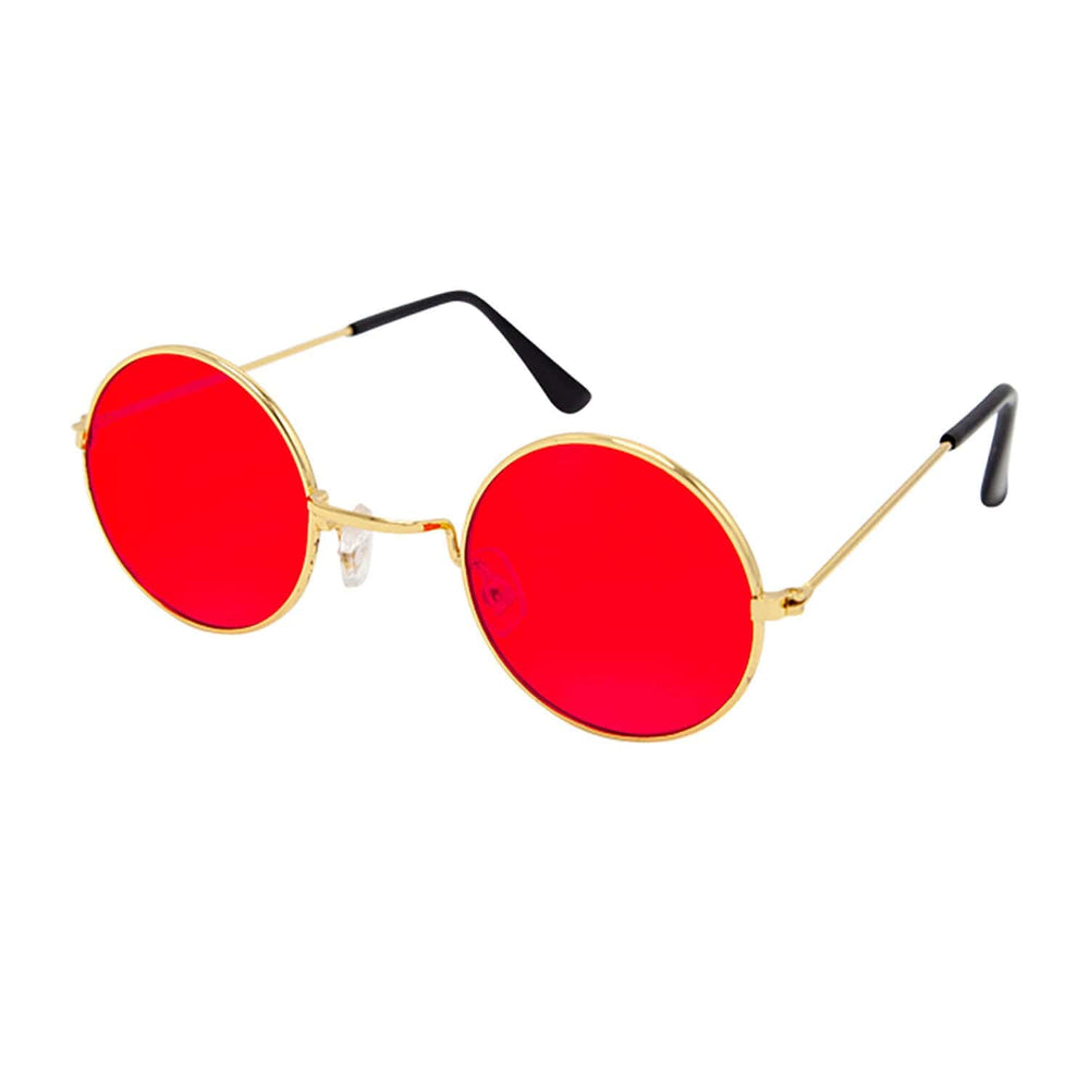 Round sunglasses with red lenses and gold frames on a white background