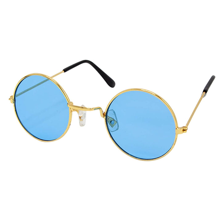 Round sunglasses with gold frame and blue lenses on a white background