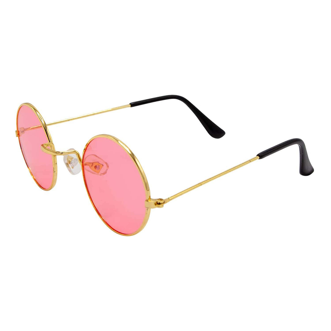 Round glasses with gold frame and pink lenses on a white background