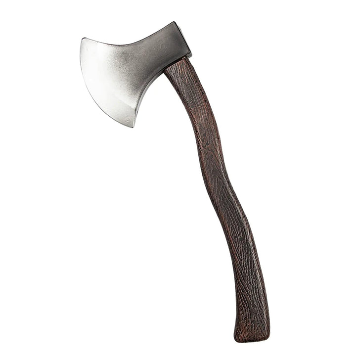 Plastic axe Halloween prop with grey and silver plastic blade with wood grain effect handle