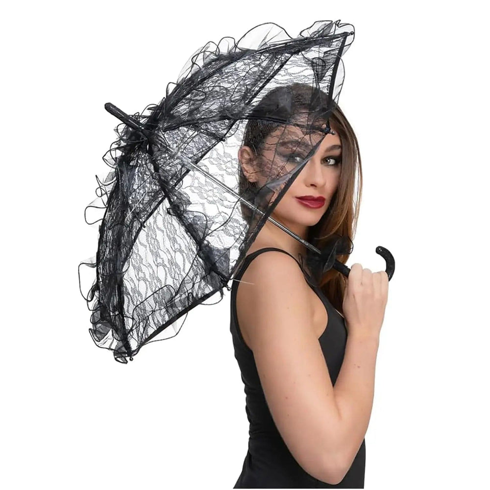 woman holding a black Gothic parasol for vintage fancy dress costumes