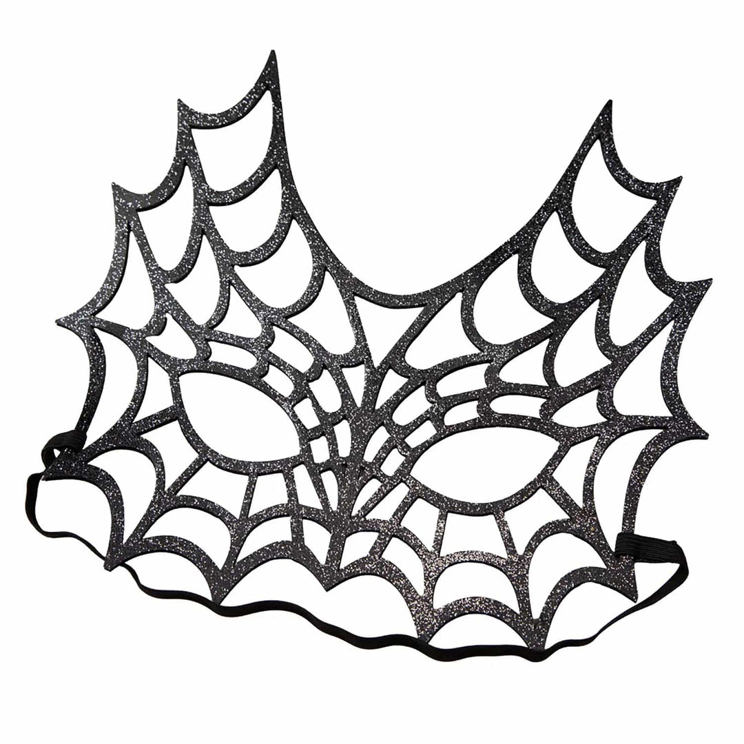 Black glitter spider web mask with black elastic strap to secure around your head