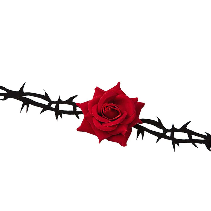 Red velveteen rose on a soft black thorns choker fancy dress costume accessory