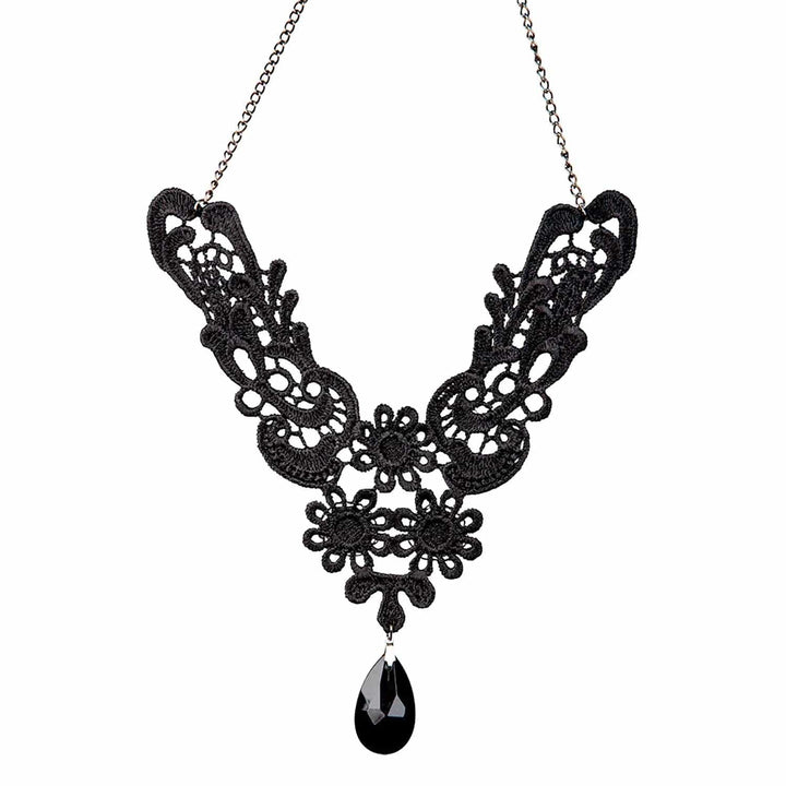 Black lace Gothic necklace with large teardrop black gemstone