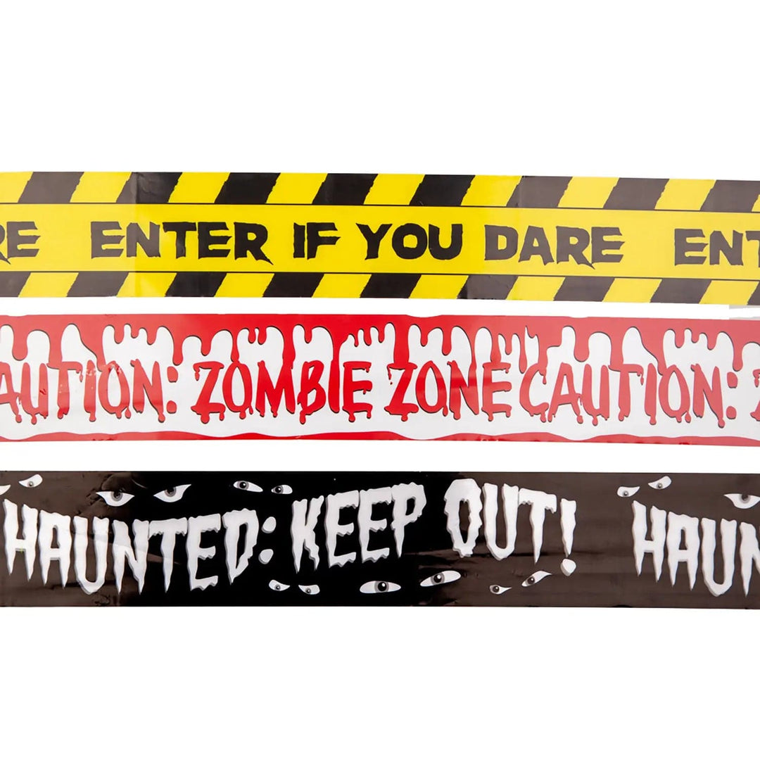 3 rows of Halloween party decor caution tape