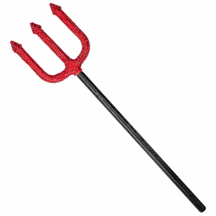 Devil trident costume prop with black handle and fork covered in red rhinestones