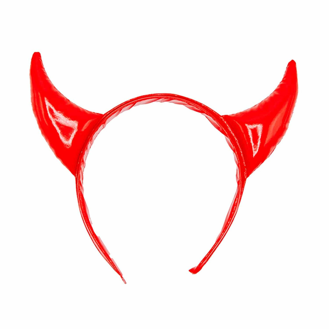 Red shiny PVC devil horns headband on a white background