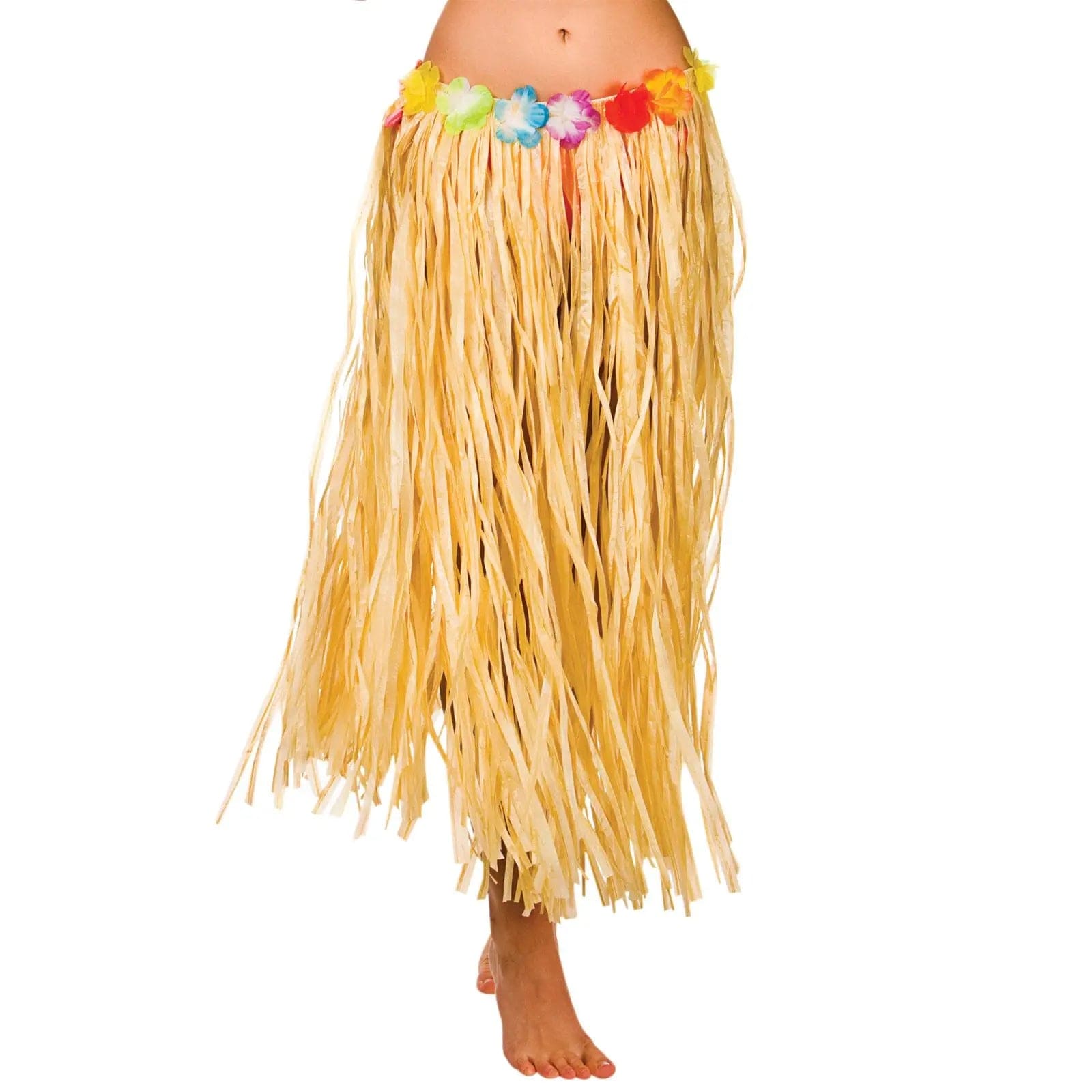 Long Hula Skirt - Traditional Style - Synthetic Raffia - Colourful Artificial Flowers - Sizes Regular and Plus