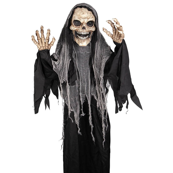 Scary skeleton figure with black hooded cloak and grey shroud
