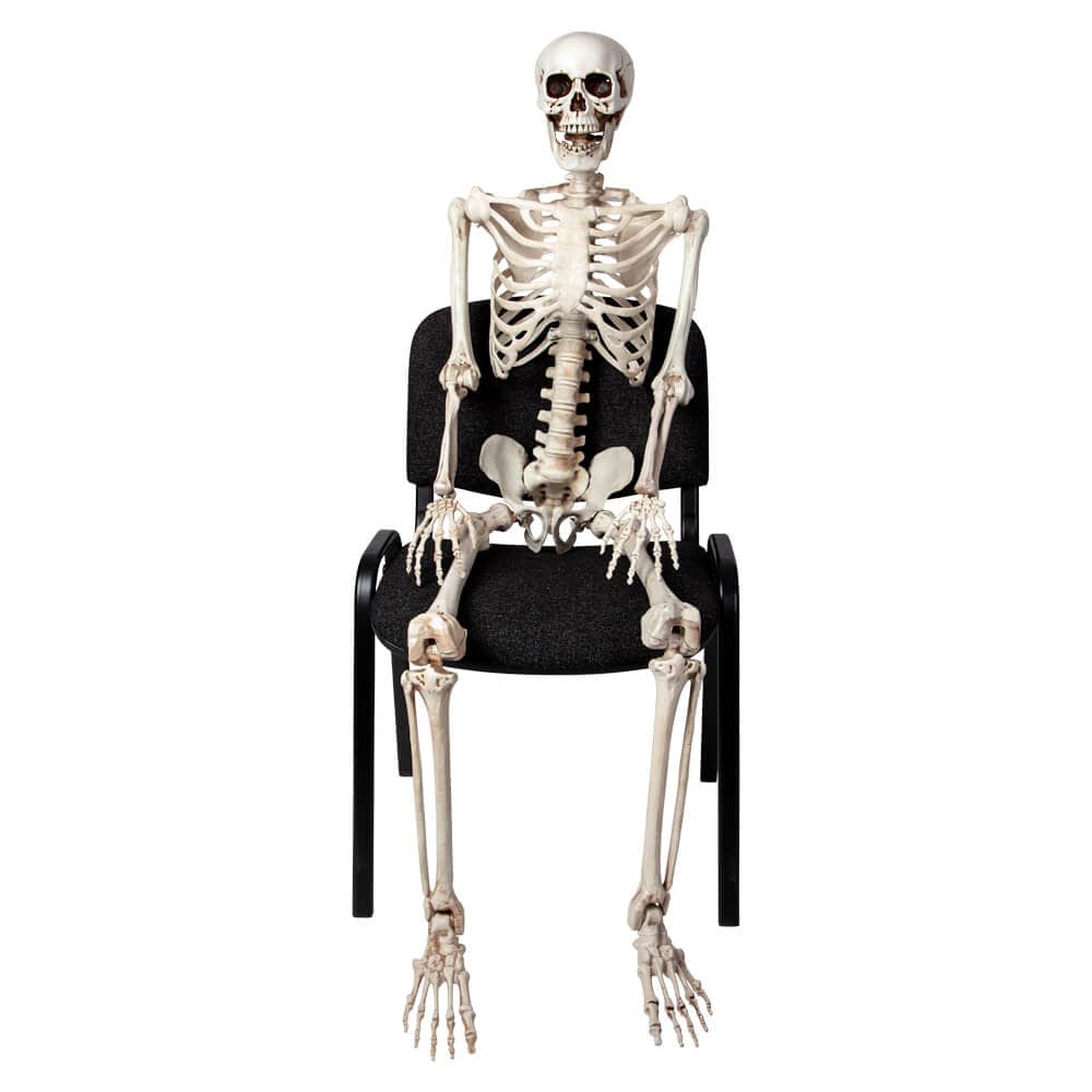 Poseable skeleton figure sitting on a black chair against a white background
