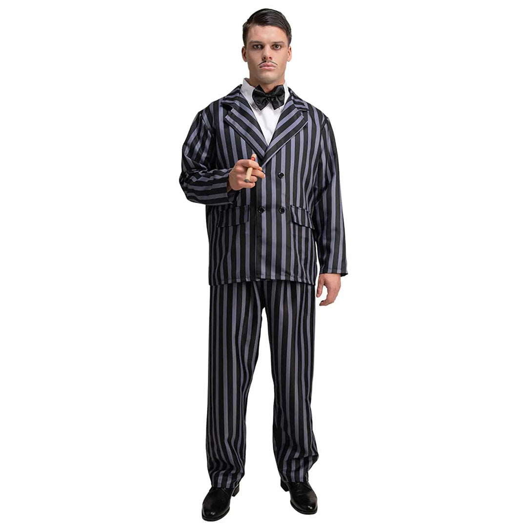 Man wearing a black and grey pinstripe suit for fancy dress gangster costumes