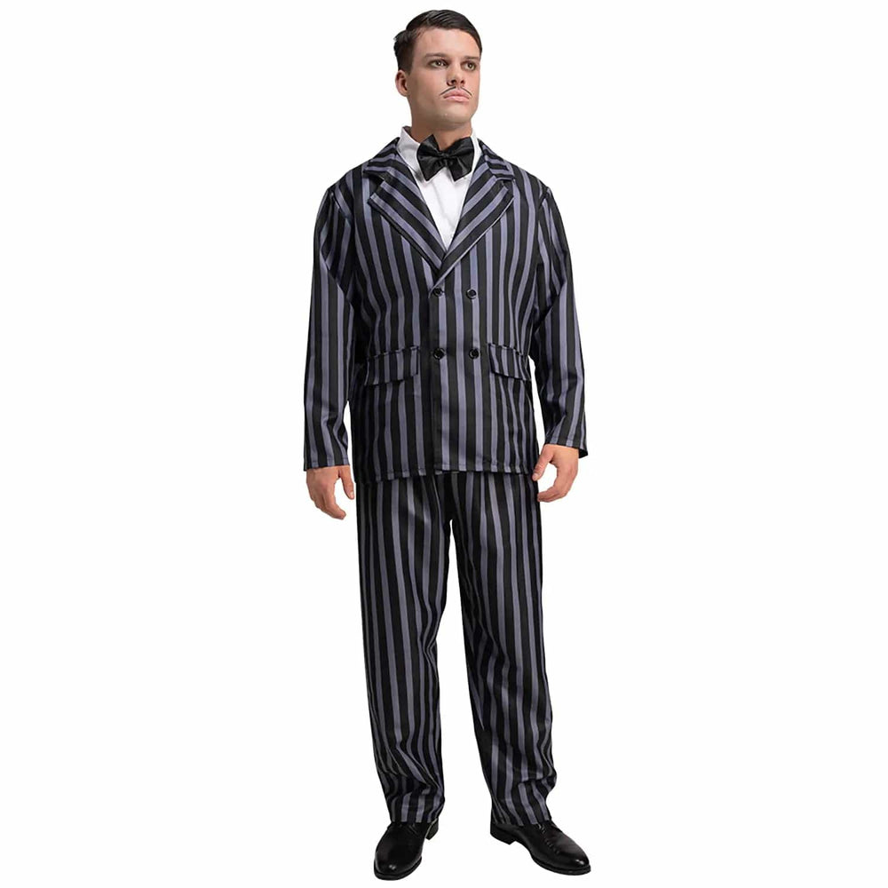 Man wearing a black and grey pinstripe suit for fancy dress gangster costumes