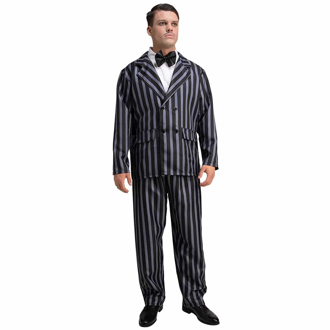 Man wearing a black and grey pinstripe suit for fancy dress gangster costumes