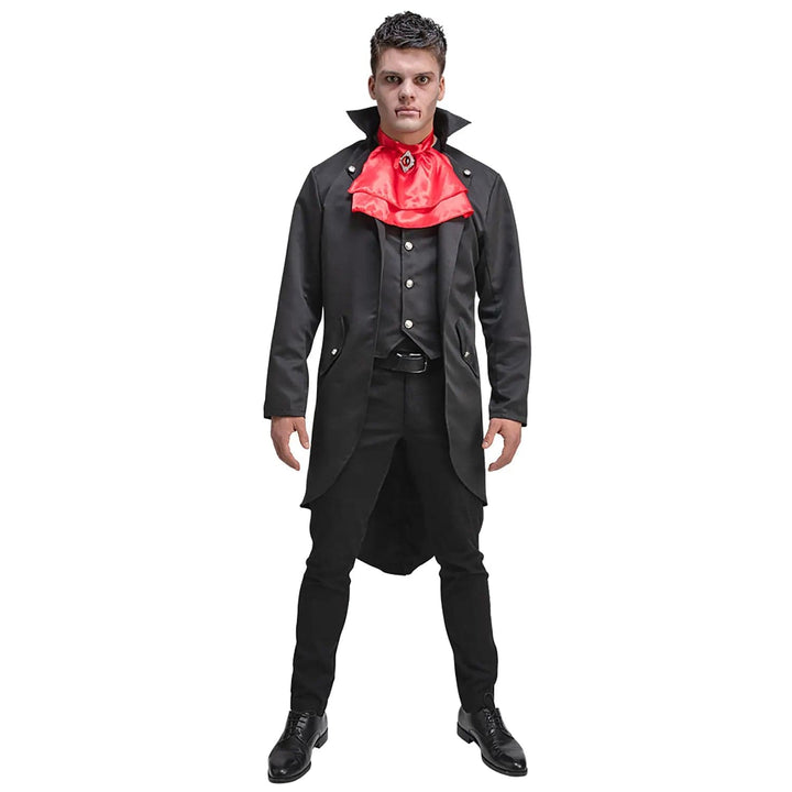 Man dressed as a vampire with long tailed coat, waistcoat, red cravat and jewel