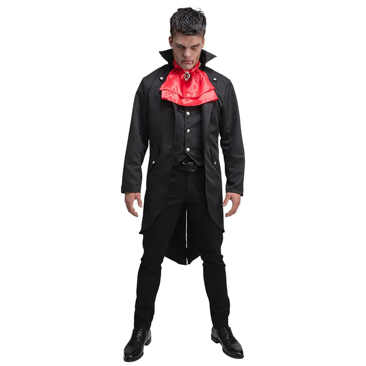 Man dressed as a vampire with long tailed coat, waistcoat, red cravat and jewel