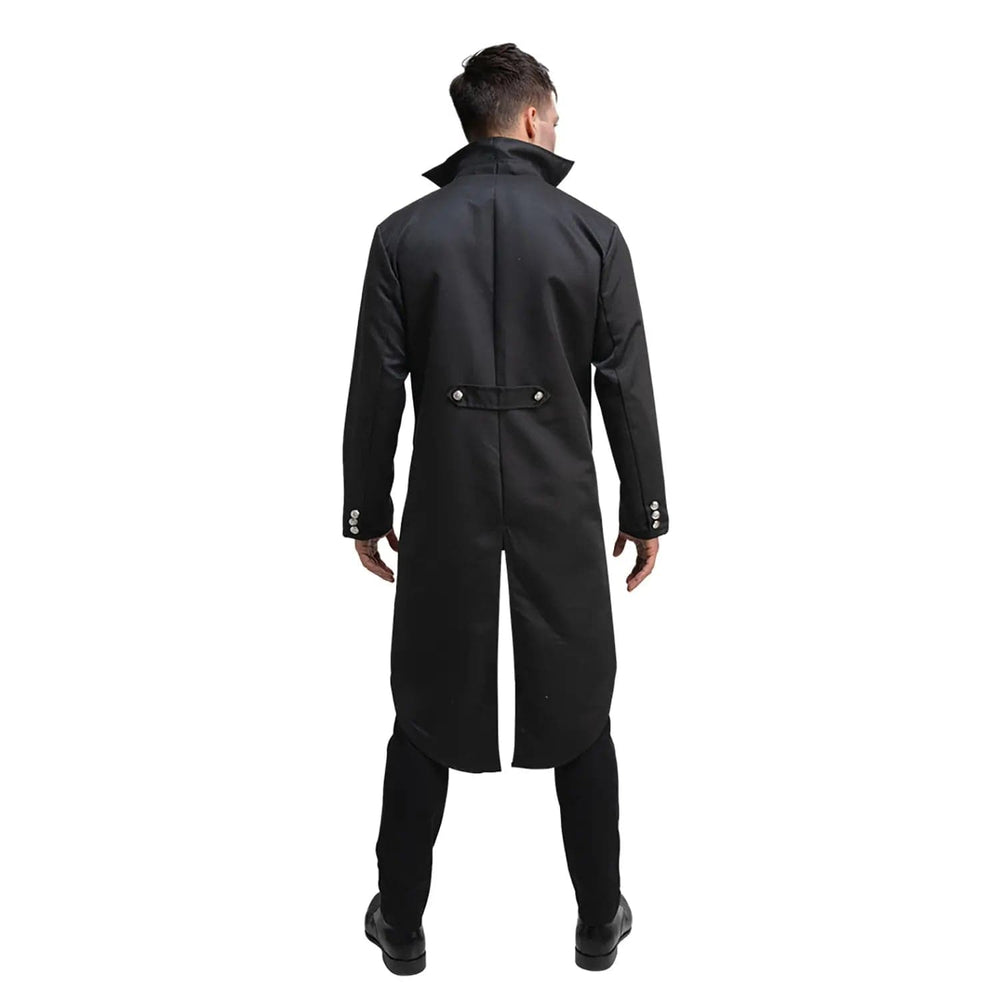 Back of a Gothic Vampire fancy dress costume with split tail coat and silver buttons