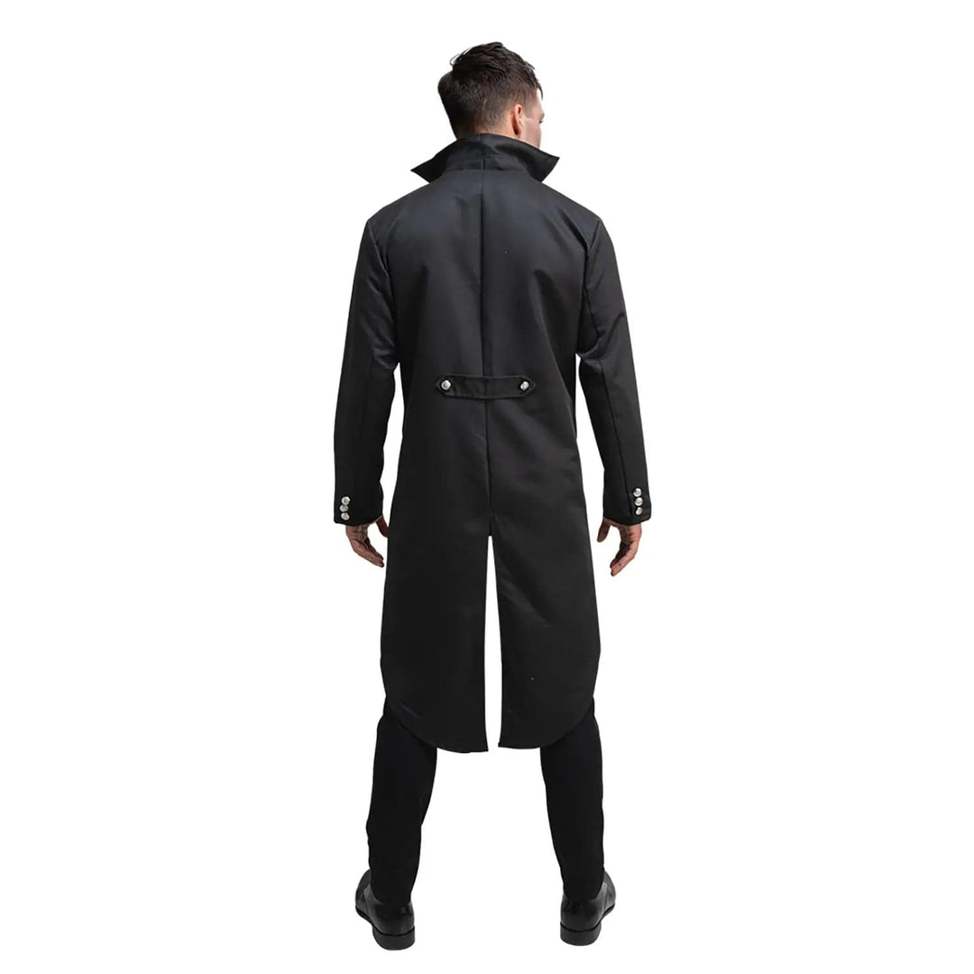 Back of a Gothic Vampire fancy dress costume with split tail coat and silver buttons