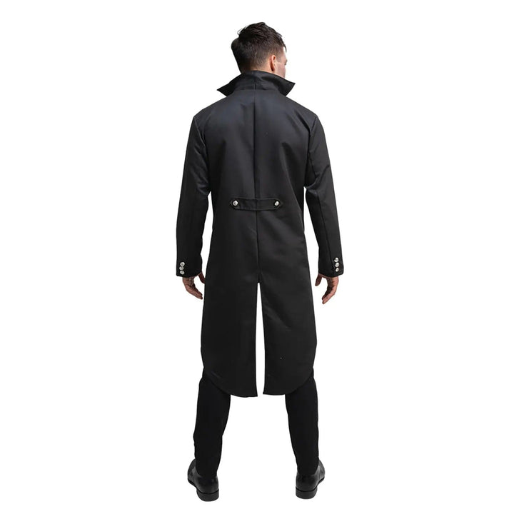 Back of a Gothic Vampire fancy dress costume with split tail coat and silver buttons