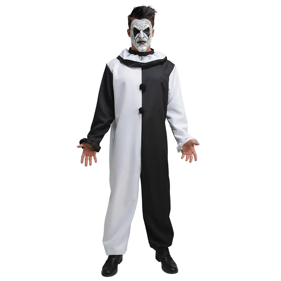 Man wearing a black and white clown jumpsuit with ruffle collar and creepy clown mask