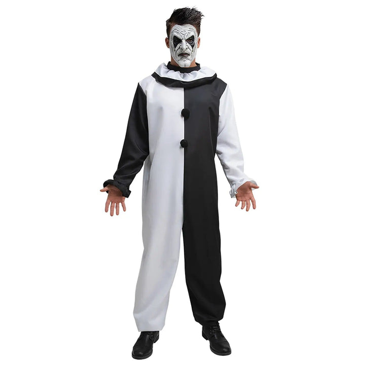 Man wearing a black and white clown jumpsuit with ruffle collar and creepy clown mask