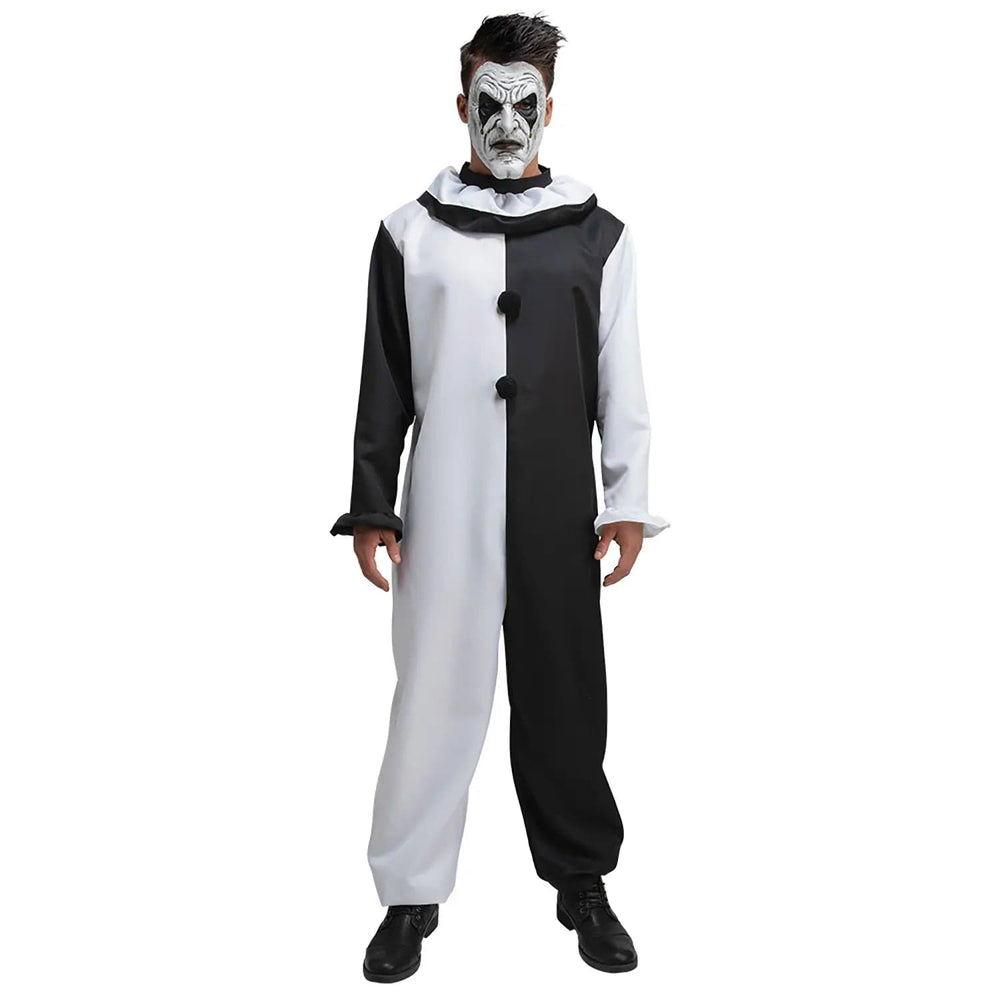 Man dressed in a black and white Halloween clown jumpsuit with ruffle collar and creepy clown mask