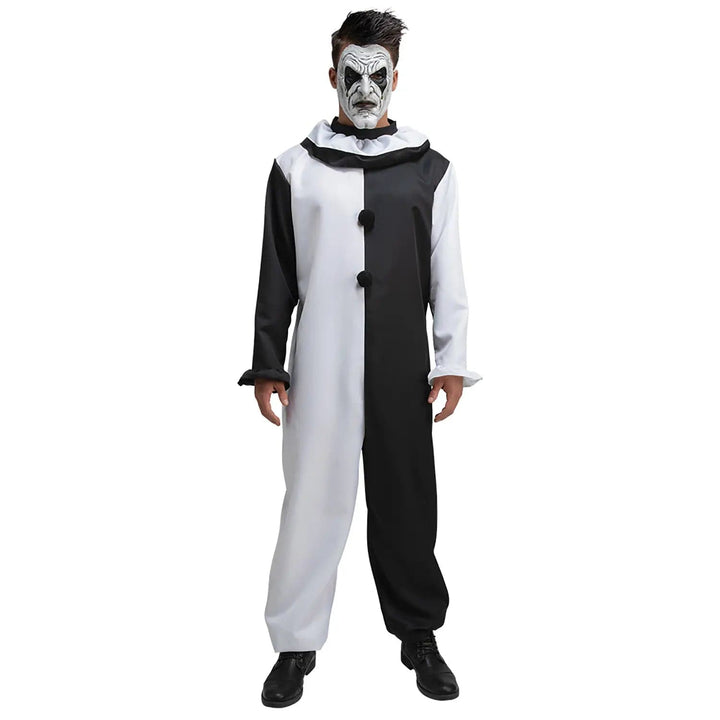 Man dressed in a black and white Halloween clown jumpsuit with ruffle collar and creepy clown mask