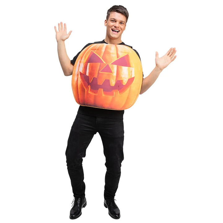 Man wearing an orange pumpkin tabard fancy dress costume