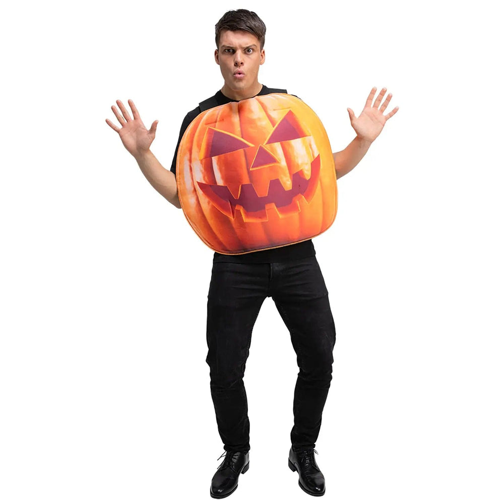 Man wearing an orange pumpkin tabard fancy dress costume