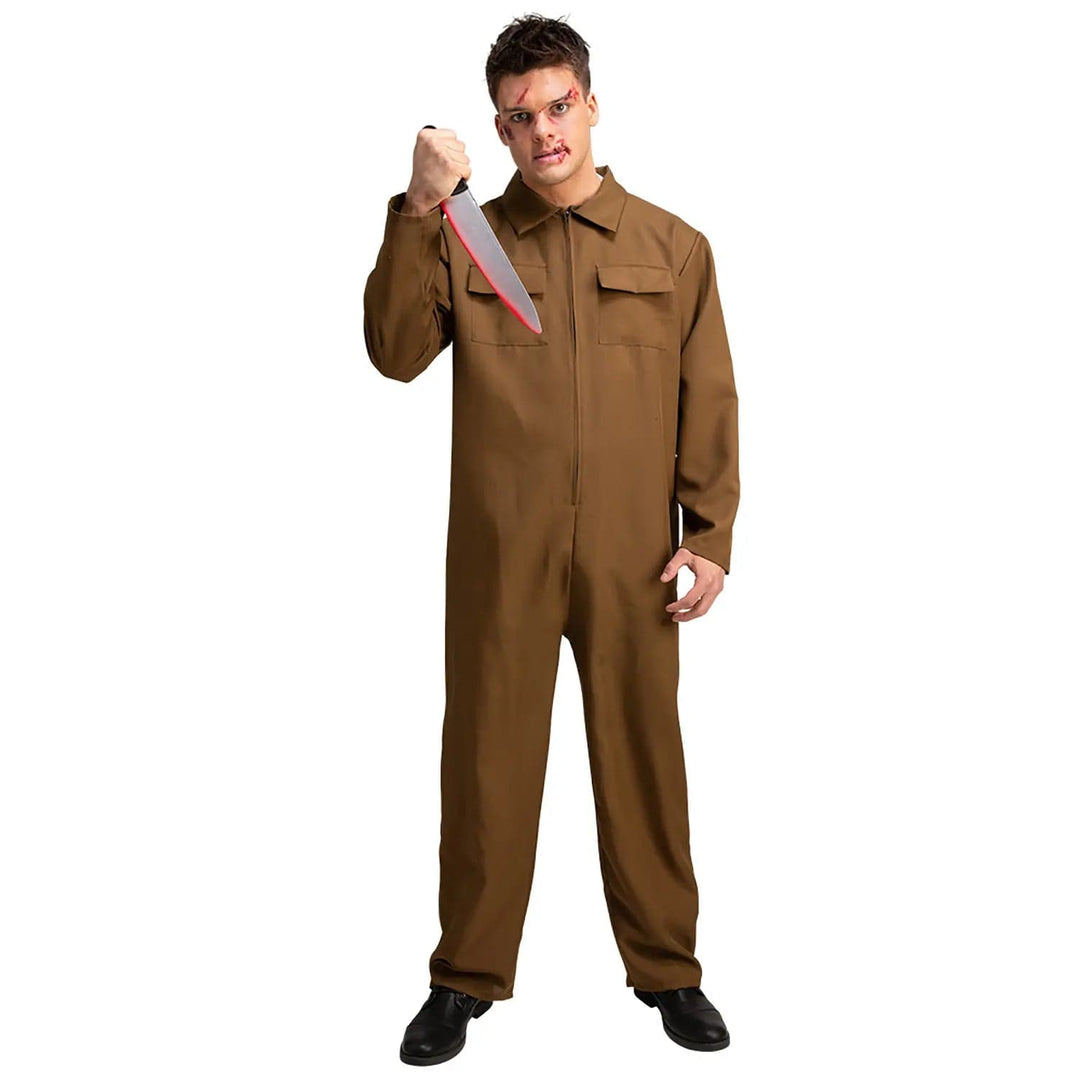 Man dressed in a brown boiler suit holding a fake bloodied knife for Halloween horror fancy dress costumes