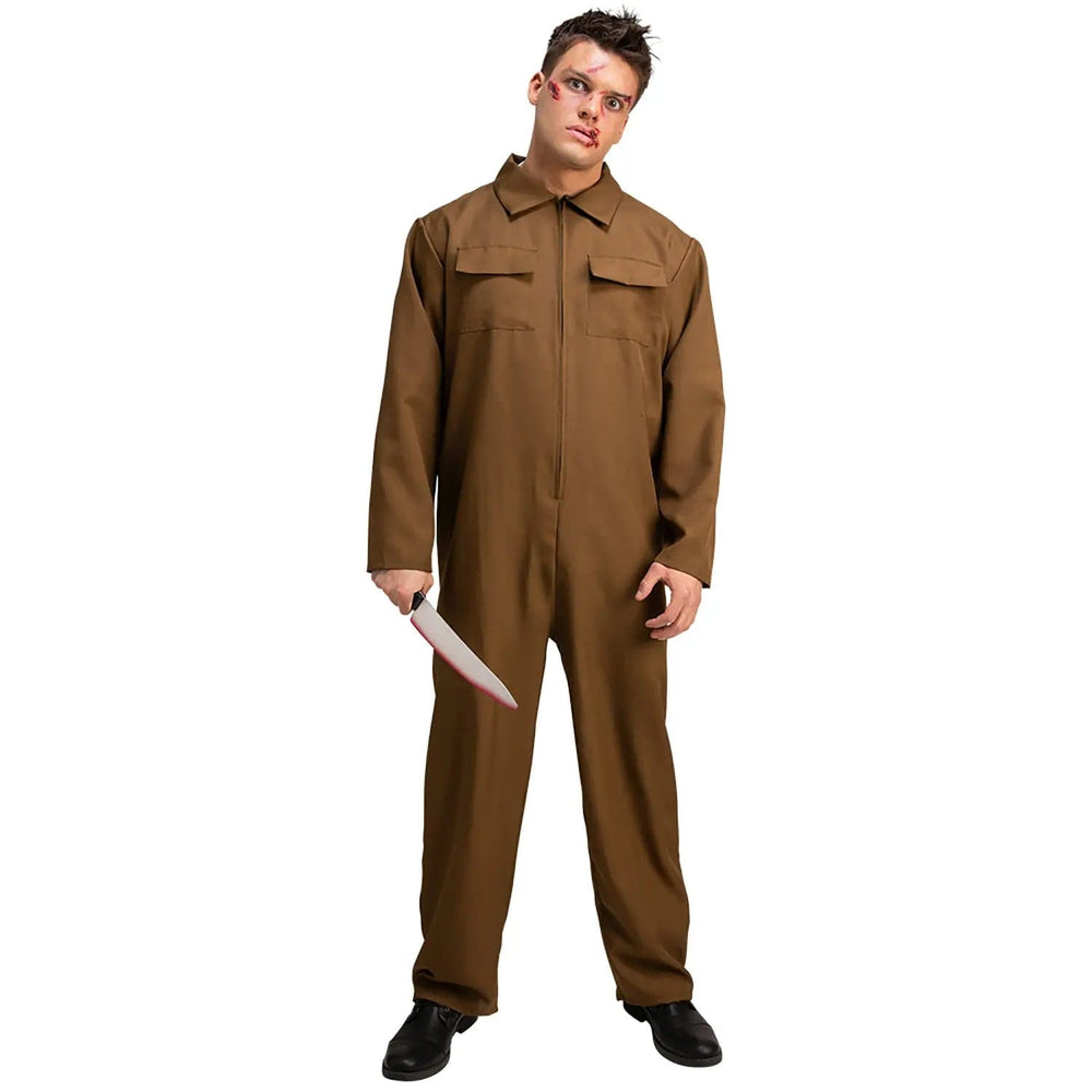 Man wearing a brown boiler suit holding a fake bloodied knife for Halloween horror fancy dress costumes