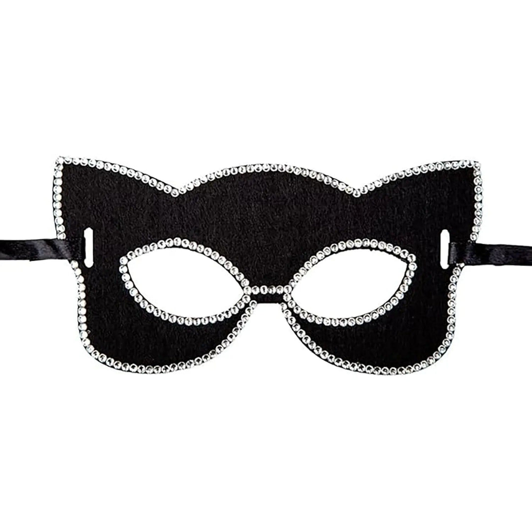 Black cat shape eye mask trimmed with sparkling silver diamante gems