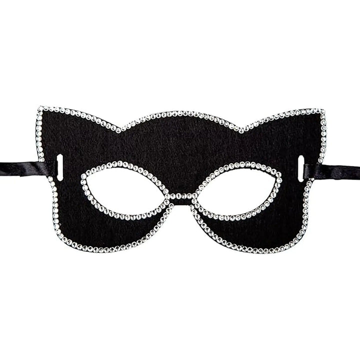 Black cat shape eye mask trimmed with sparkling silver diamante gems