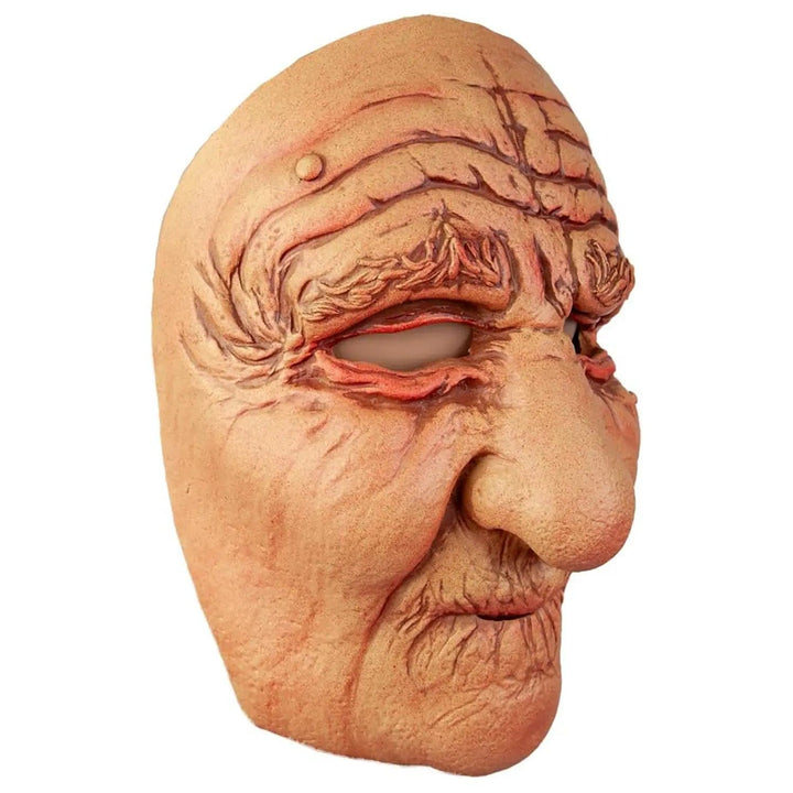 Side view of a latex mask of an old person with deep wrinkles and a big nose for fancy dress costumes