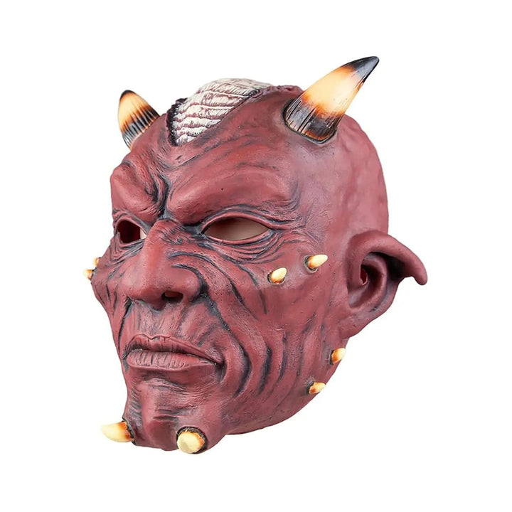 Red devil full head mask with horns on the ead, shin and cheeks