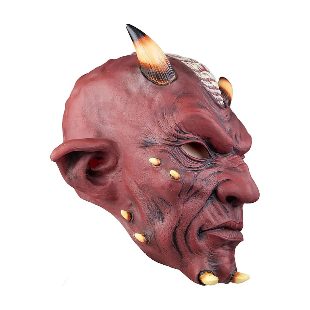 Latex red satan mask with horns on the head and face, and pointed ears