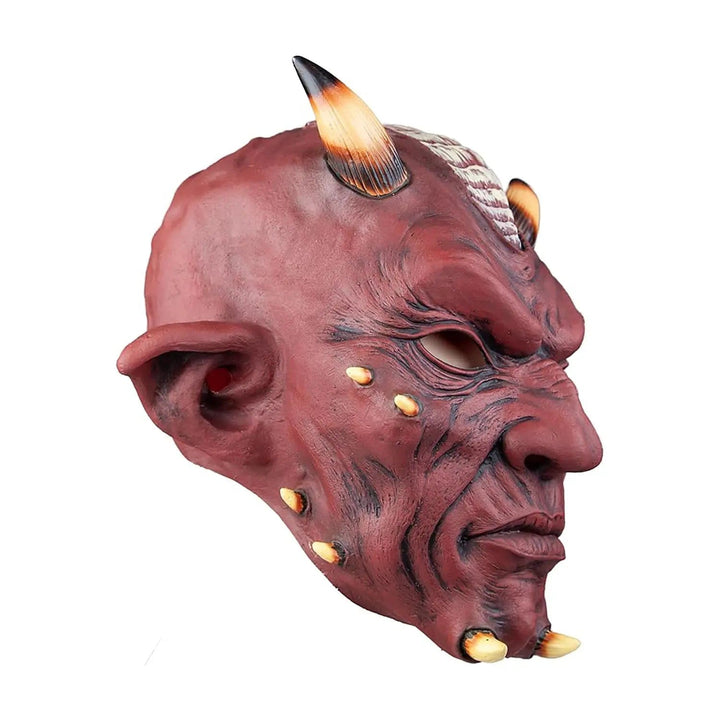 Latex red satan mask with horns on the head and face, and pointed ears