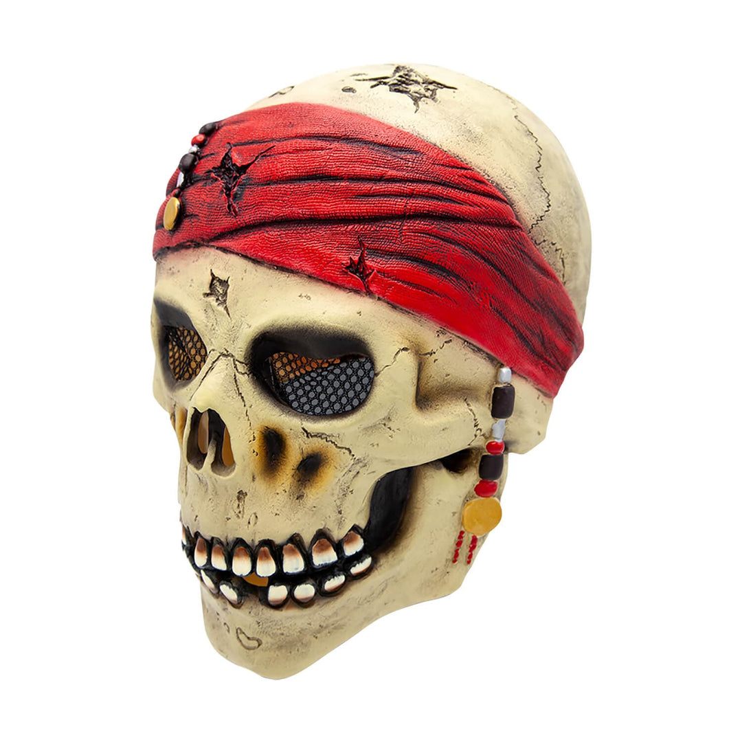 Skull with red bandana and coloured beads decorations on a white background