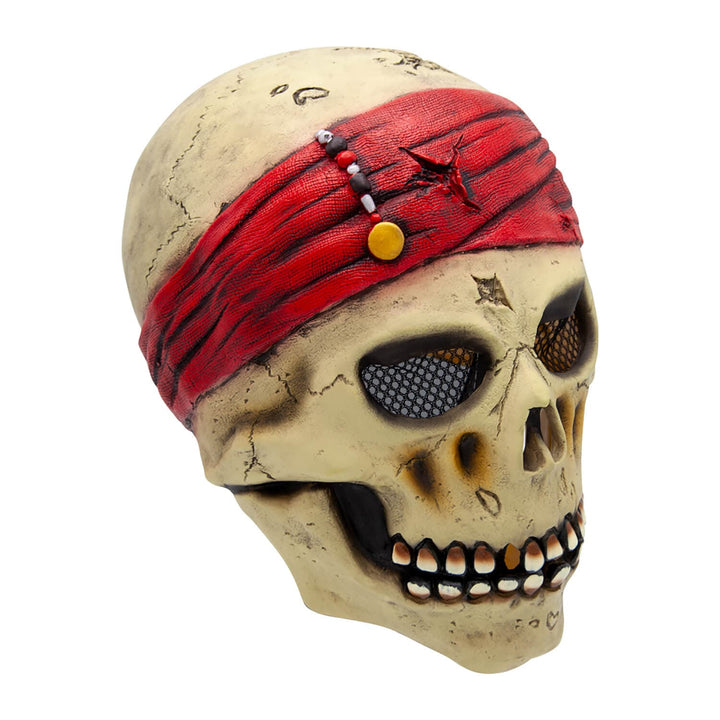 Skull mask with a red bandana and yellow beads on a white background