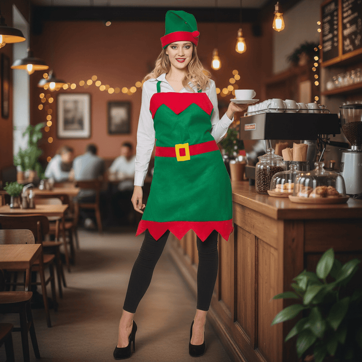 Elf Apron &amp; Hat Adults One Size Fancy Dress Christmas Costume