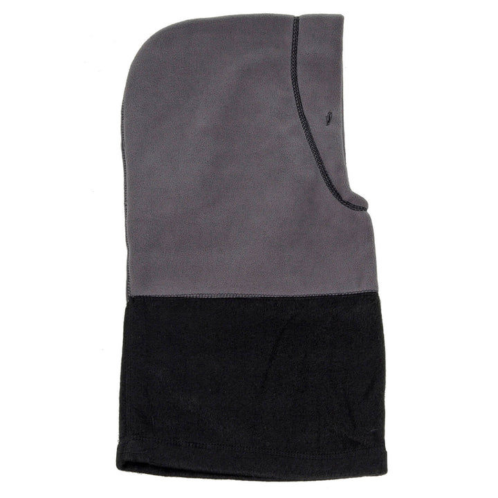 grey and black fleece hood laid flat on a white background