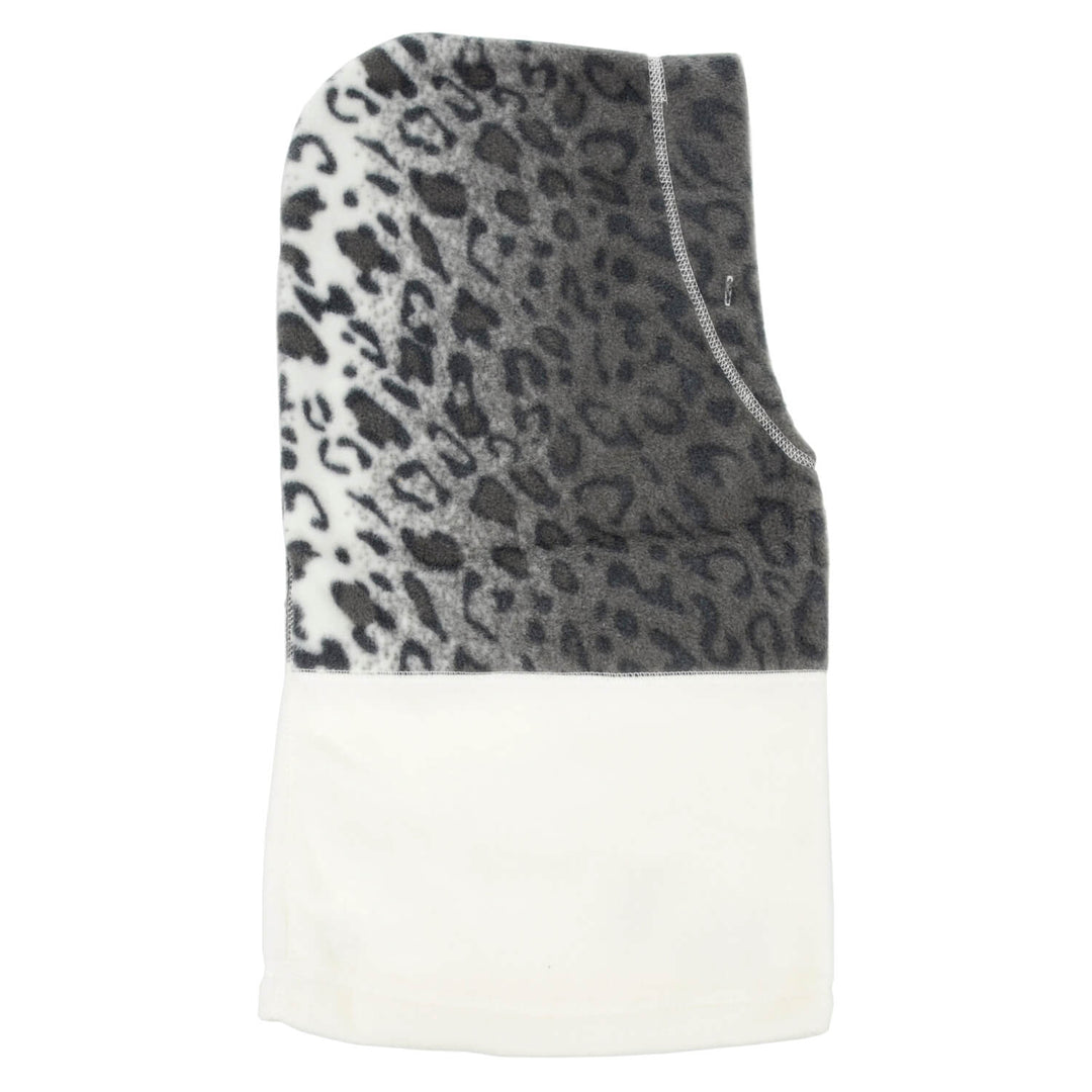 snow leopard print fleece hood laid flat on a white background