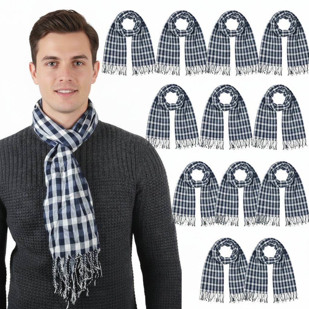 Man wearing a blue and white plaid scarf with multiple images of the scarf displayed.