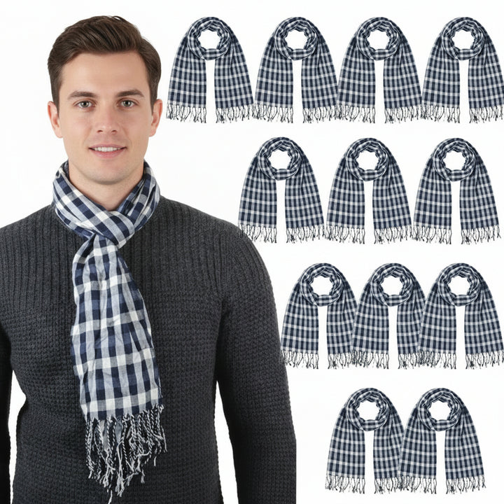 Man wearing a blue and white plaid scarf with multiple images of the scarf displayed.