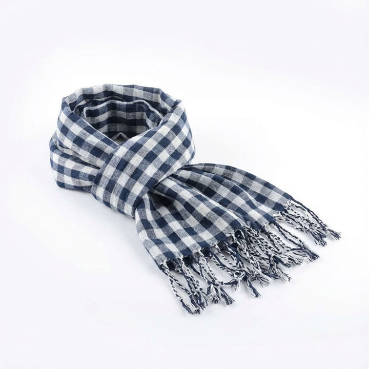 Bulk Pack Of 12 Mens Blue Check Milan Lightweight Woven Scarf Fringed
