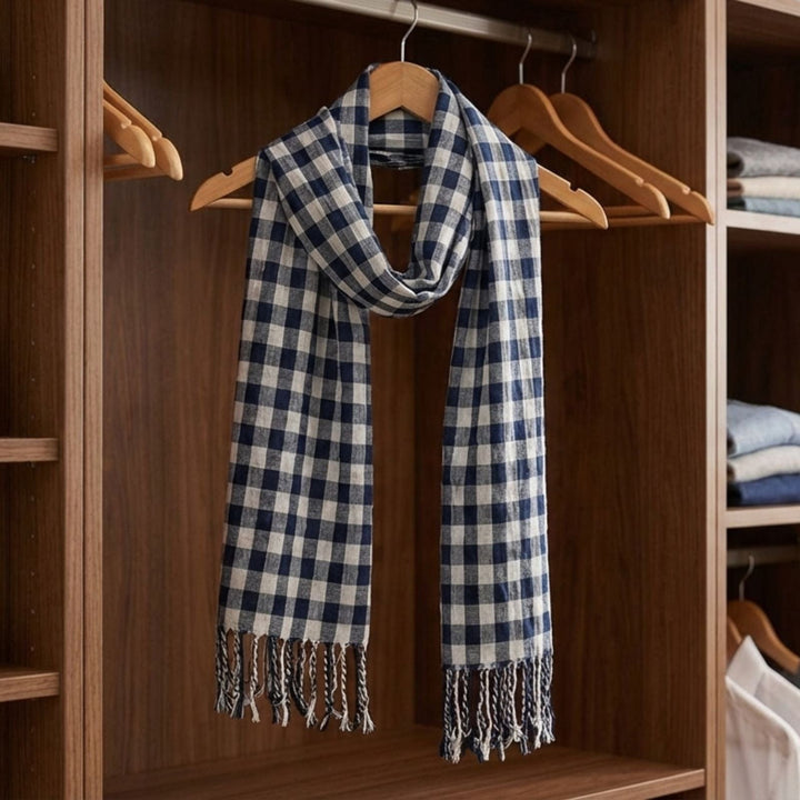 Bulk Pack Of 12 Mens Blue Check Milan Lightweight Woven Scarf Fringed