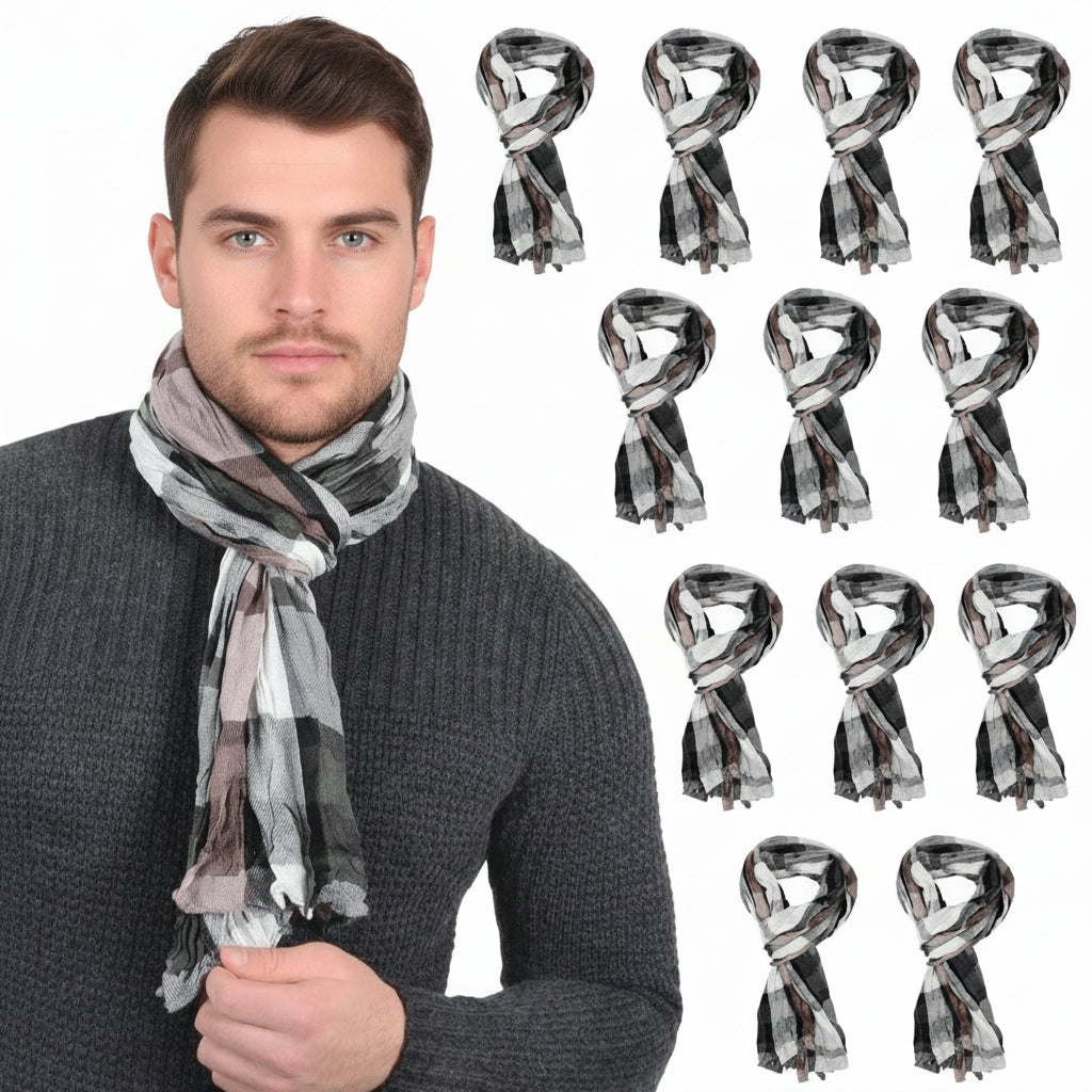 Man wearing a scarf with multiple images of the same scarf displayed around him.