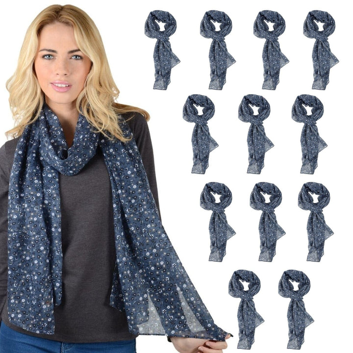 Bulk Pack 12 Womens Blue Floral Print Cannes Lightweight Sheer Scarf
